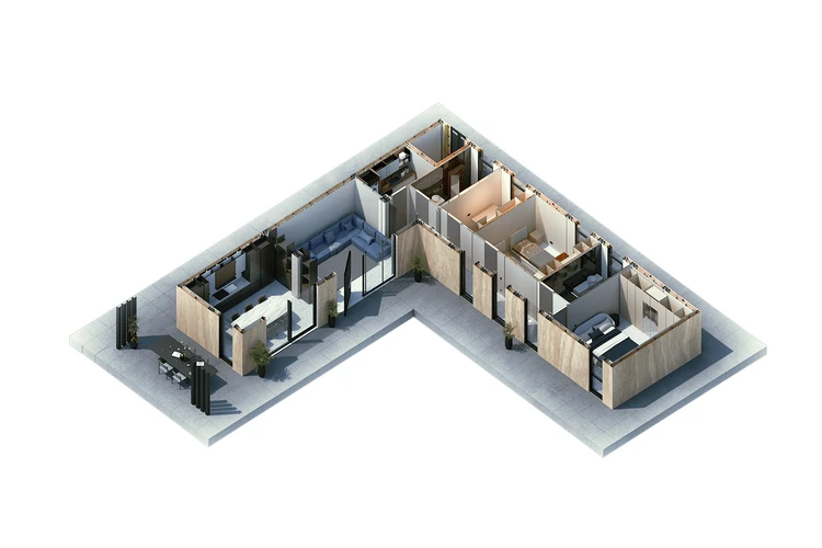 luxury home 3d plan L Shape little