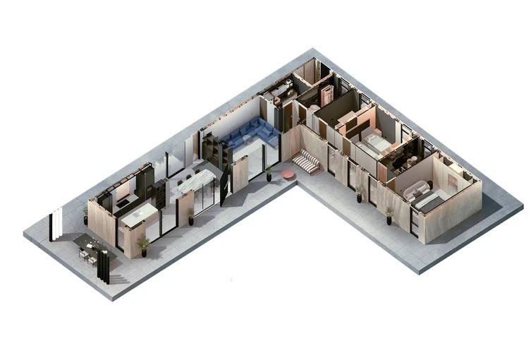luxury home 3d plan L Shape